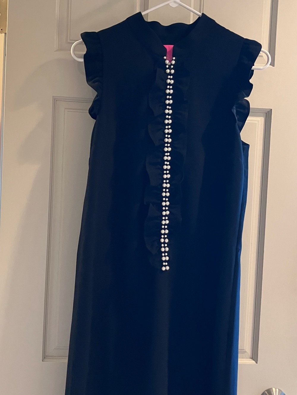 Lilly Pulitzer Black Ruffle Sleeveless Dress with Front Pearl Trim